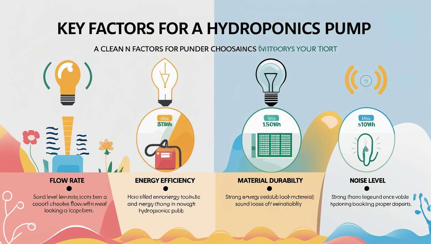  An infographic showing key factors such as flow rate, power efficiency, durability, and noise level in relation to choosing a pump.