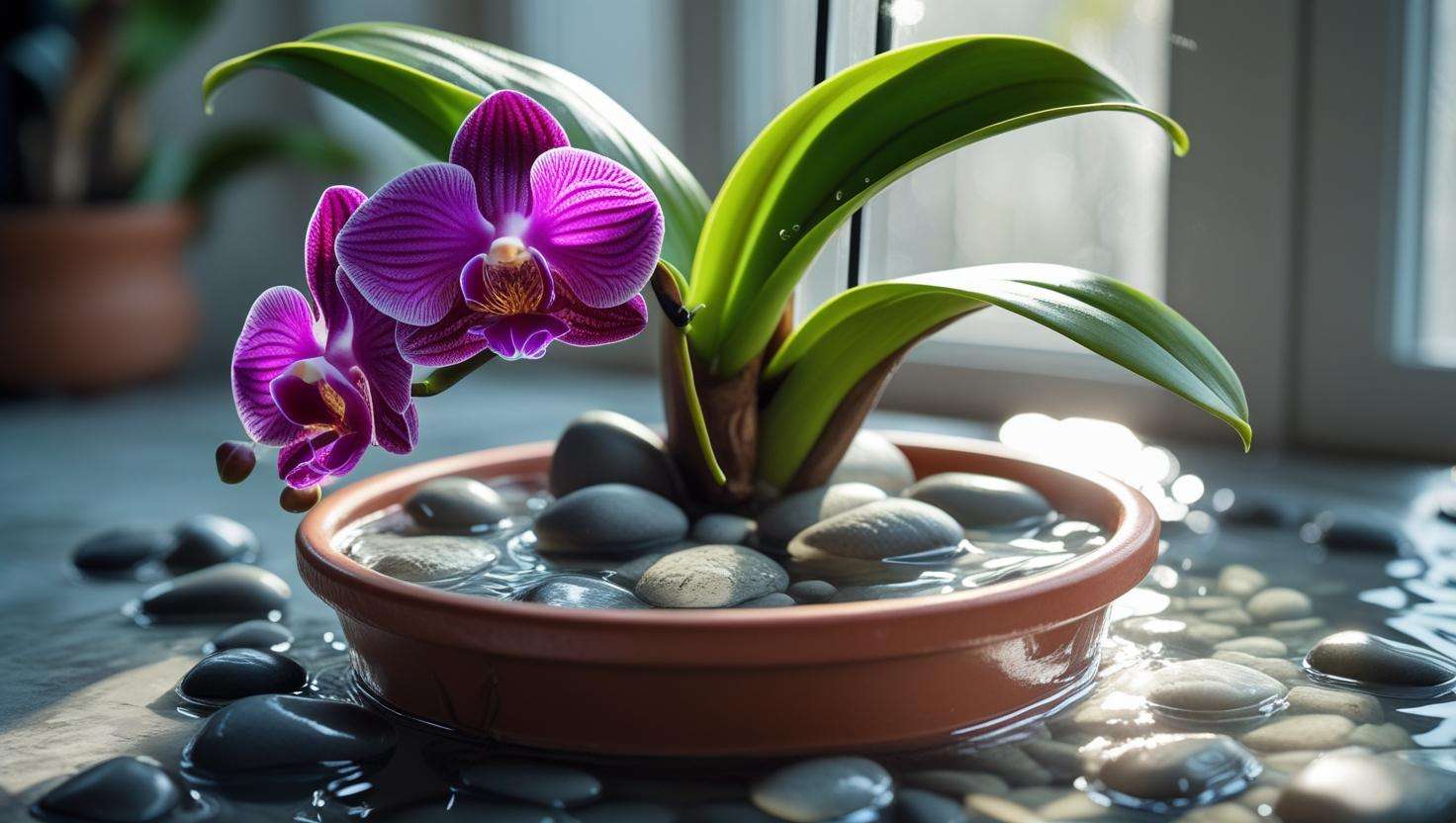Orchid placed in a humidity tray with pebbles and water to increase moisture, thriving in a humid environment near an indirect light source