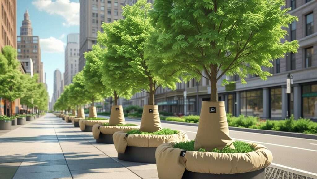 Urban trees in sidewalk planters with tree water bags, contributing to sustainable water use and healthy greenery in the city.