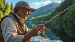 Angler holding a fishing rod with worms for fishing on the hook, ready to cast into a serene lake, showcasing worms as the ideal bait.