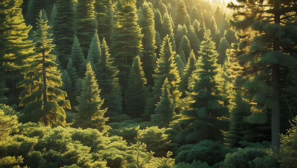 Lush forest of aromatic evergreen trees like cedar, pine, and juniper, creating a peaceful and calming atmosphere in nature