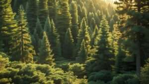 Lush forest of aromatic evergreen trees like cedar, pine, and juniper, creating a peaceful and calming atmosphere in nature