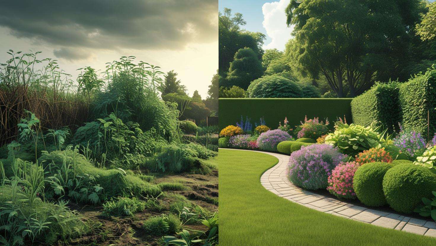 Before and after comparison of a garden: left side showing overgrown plants and weeds, right side showing a professionally maintained garden with neat landscaping and vibrant plants