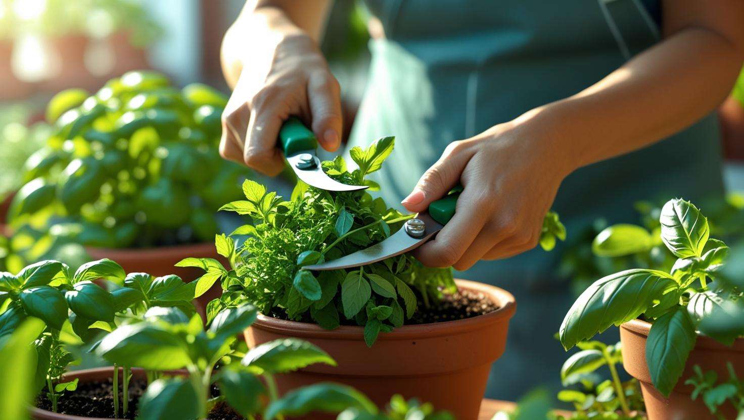 Person harvesting fresh basil or mint from an indoor herb garden using garden shears, with vibrant herbs in the background