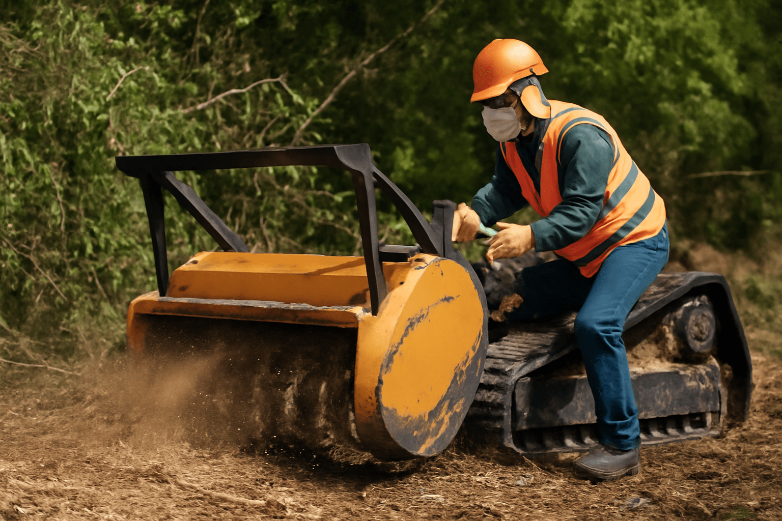Operator wearing PPE while safely using a forestry mulcher for land clearing.
