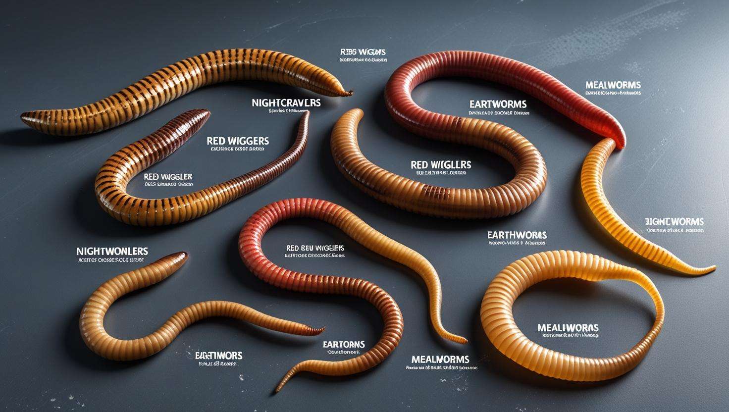 A detailed image showing the different types of worms—Nightcrawlers, Red Wigglers, Earthworms, and Mealworms. This could be a clear, labeled image of worms laid out next to each other for comparison.