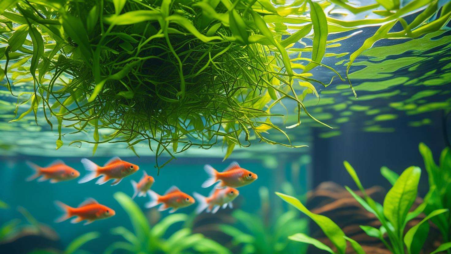  A close-up of duckweed aquarium plant on the surface of the water with clear water quality visible beneath, showing healthy fish and vibrant aquatic plants.