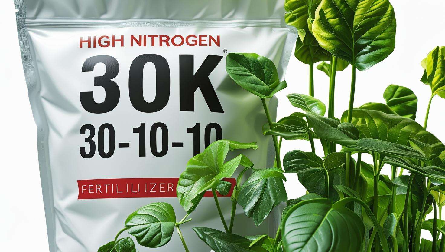  A clear close-up of a bag or bottle of high nitrogen fertilizer (like urea or ammonium nitrate) with a visible NPK ratio (e.g., 30-10-10) next to healthy plants with lush green leaves.