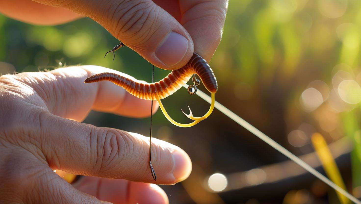 A close-up image of a hand baiting a hook with a worm, highlighting the proper technique of threading the worm onto the hook.