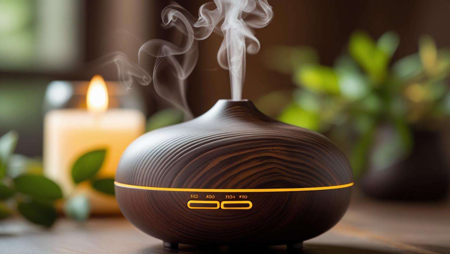 Wooden diffuser with cedarwood or pine essential oils, creating a calming atmosphere and promoting wellness in a cozy home setting.