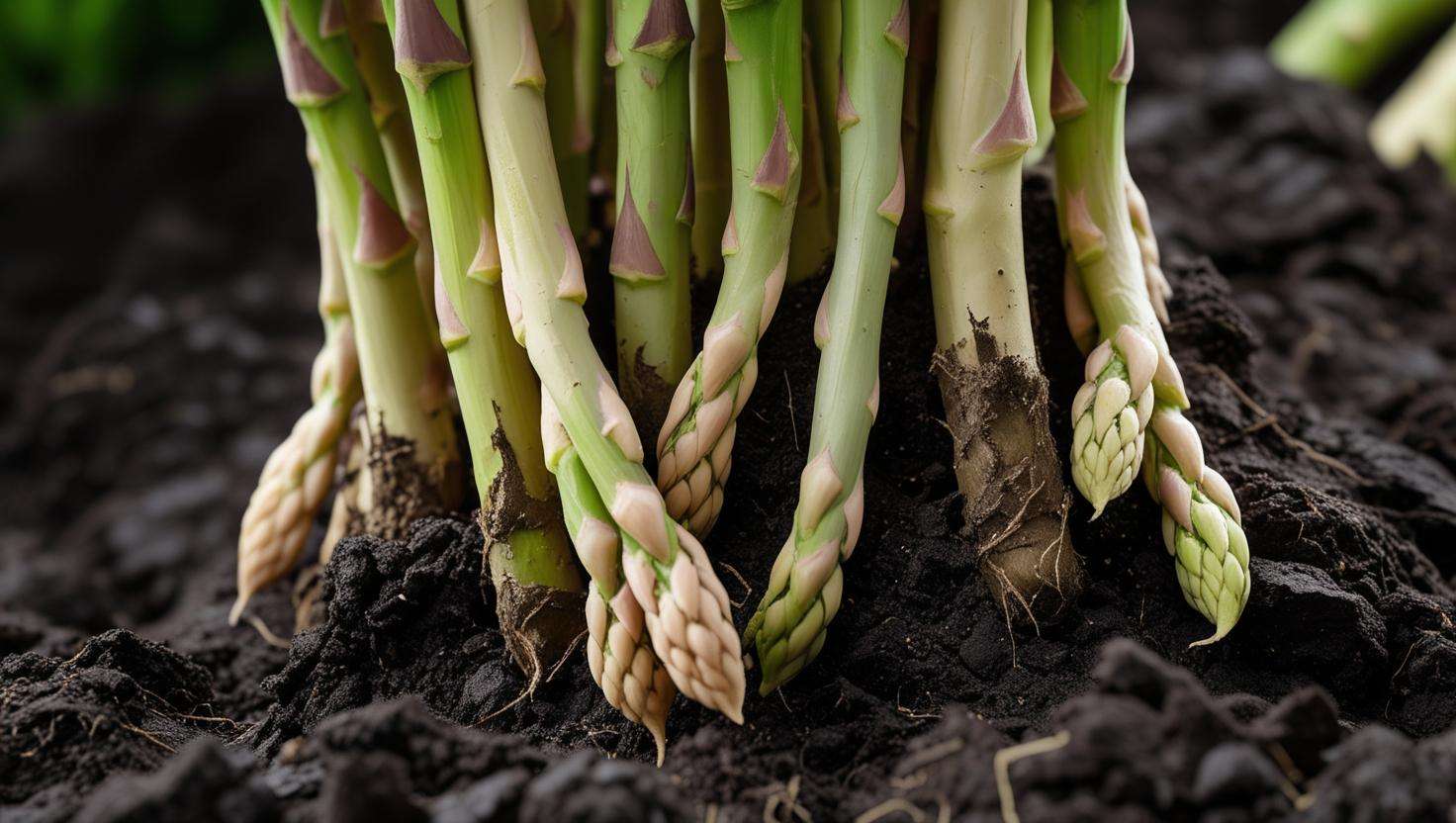  A close-up of asparagus roots growing deep in soil with visible compost layers, showing healthy root development.