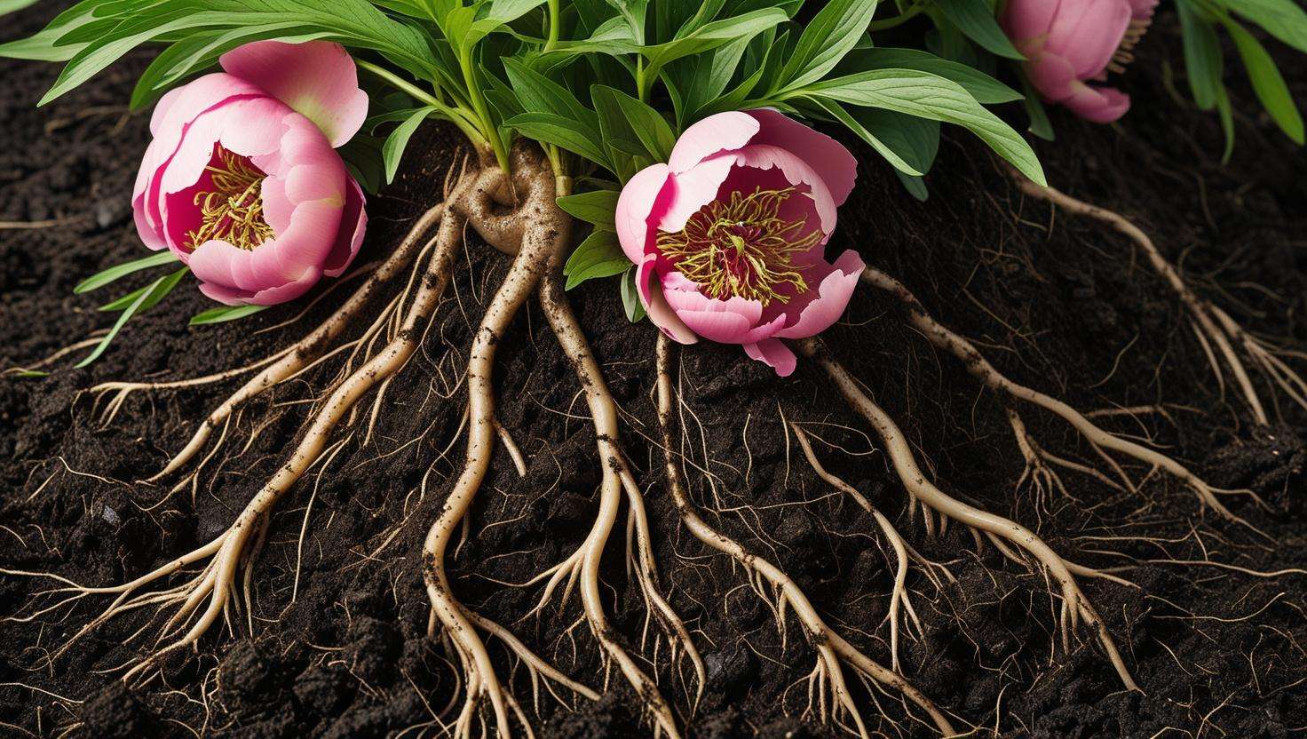  A close-up shot of peony roots in soil, showing healthy root systems with visible compost-rich soil around them.