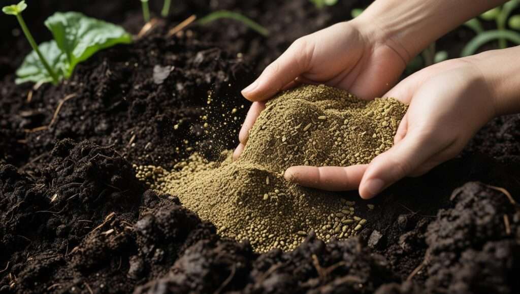 Close-up of garden soil being enriched with Natures Garden Fertiliser, demonstrating the proper application process for healthier plants