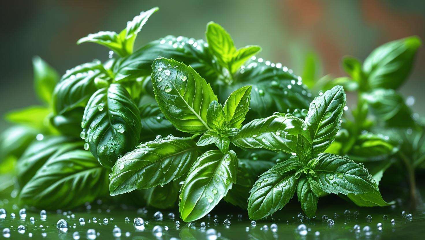  Fresh basil and mint leaves with water droplets, showcasing vibrant, healthy growth of indoor herbs.
