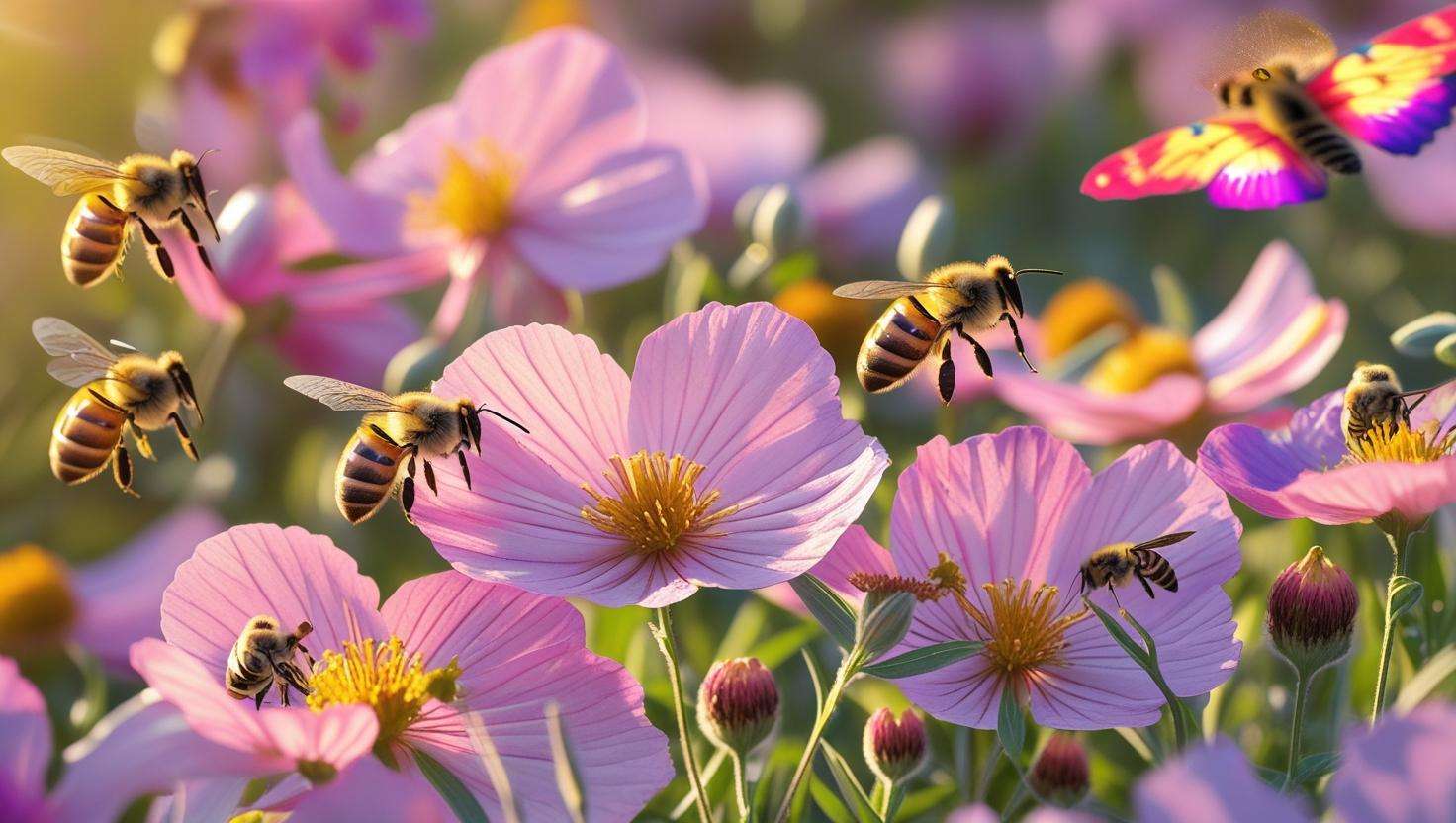Close-up of pink wildflowers such as Pink Evening Primrose and Coreopsis with bees and butterflies pollinating them in a sunny garden
