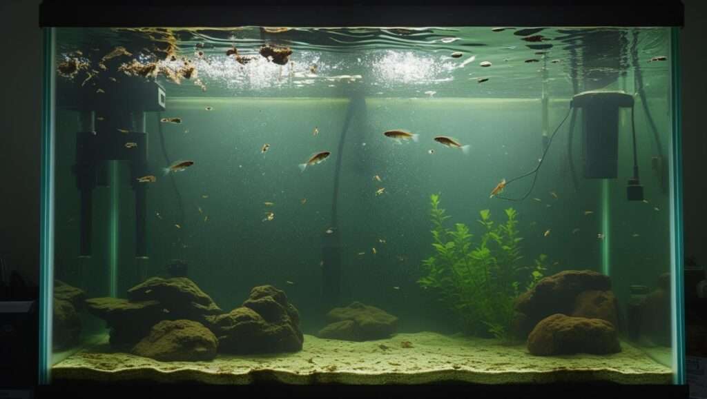 Cloudy aquarium water with suspended particles, creating a murky appearance in the fish tank, affecting water clarity and the overall health of the aquarium ecosystem.