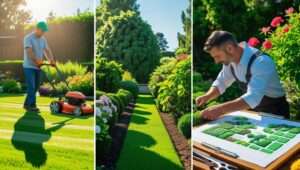 Collage of professional gardening services: lawn mowing, pruning shrubs, and reviewing a garden design plan with pruning shears and gardening tools in a well-organized garden