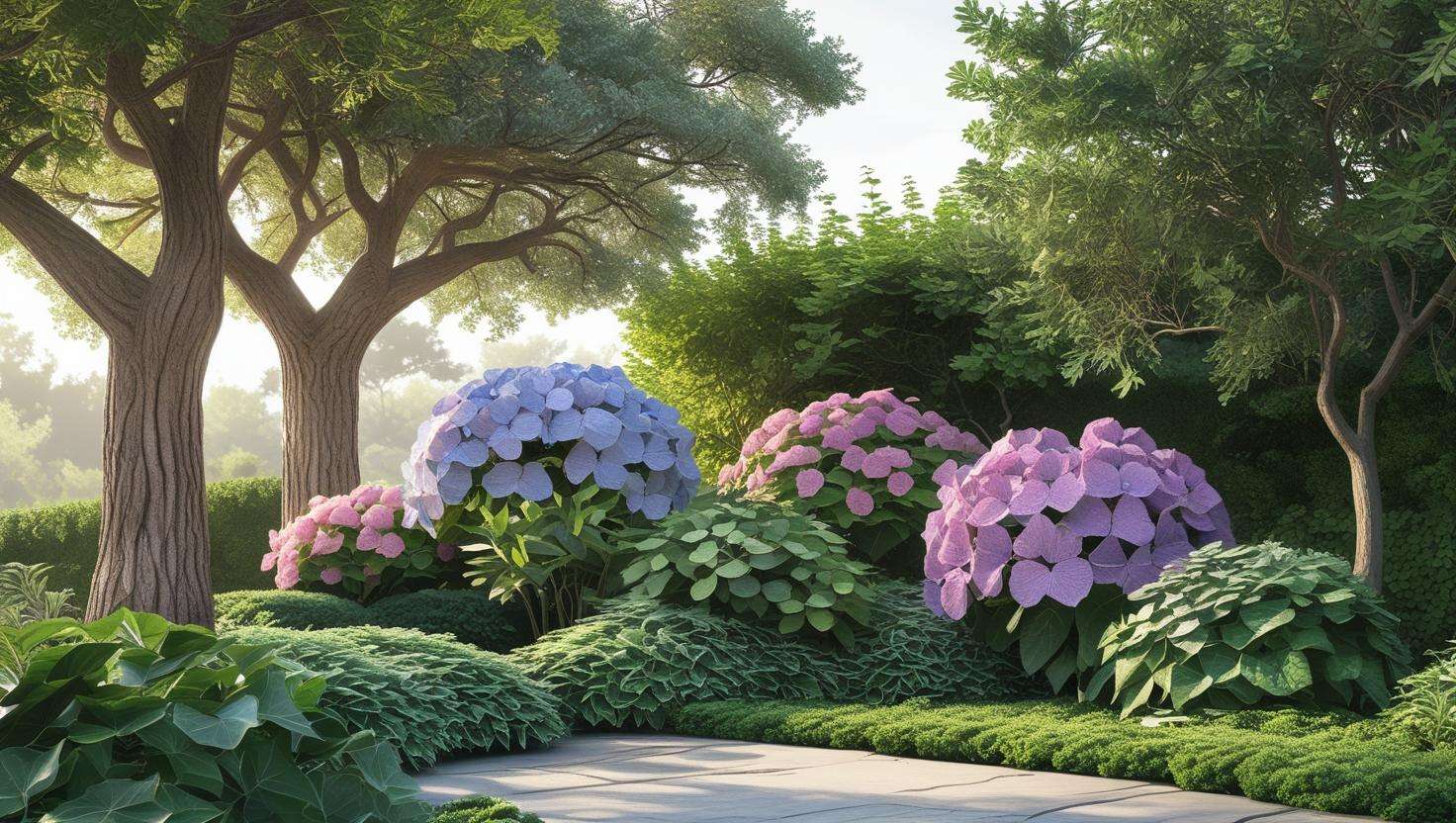 A well-designed , shrubs, and ground cover plants arranged in layers for year-round visual appeal