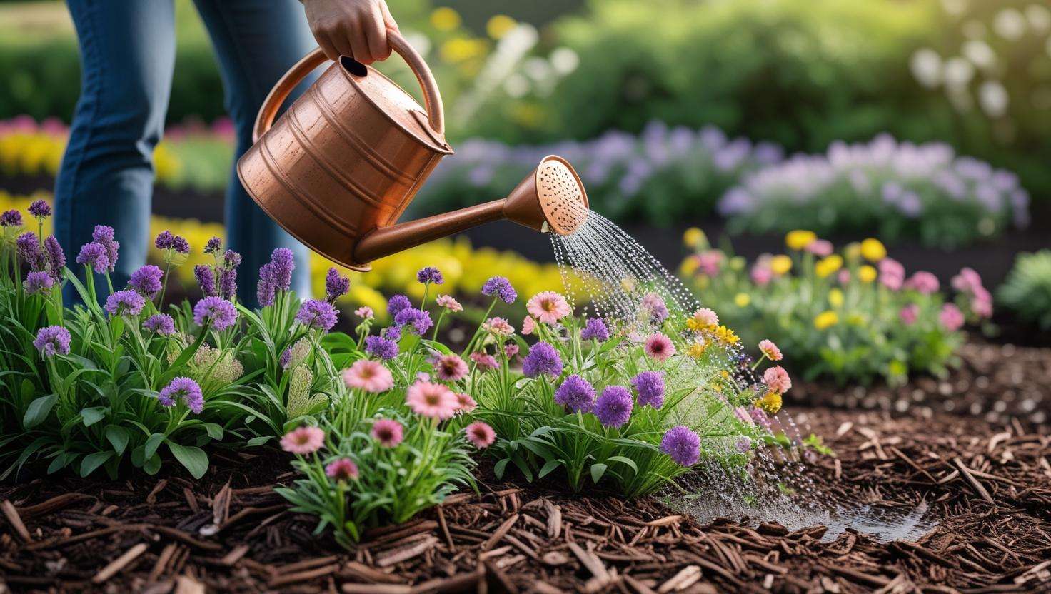 Close-up of a gardener watering perennial wildflower with a watering can and fresh mulch surrounding the plants in a well-maintained garden.