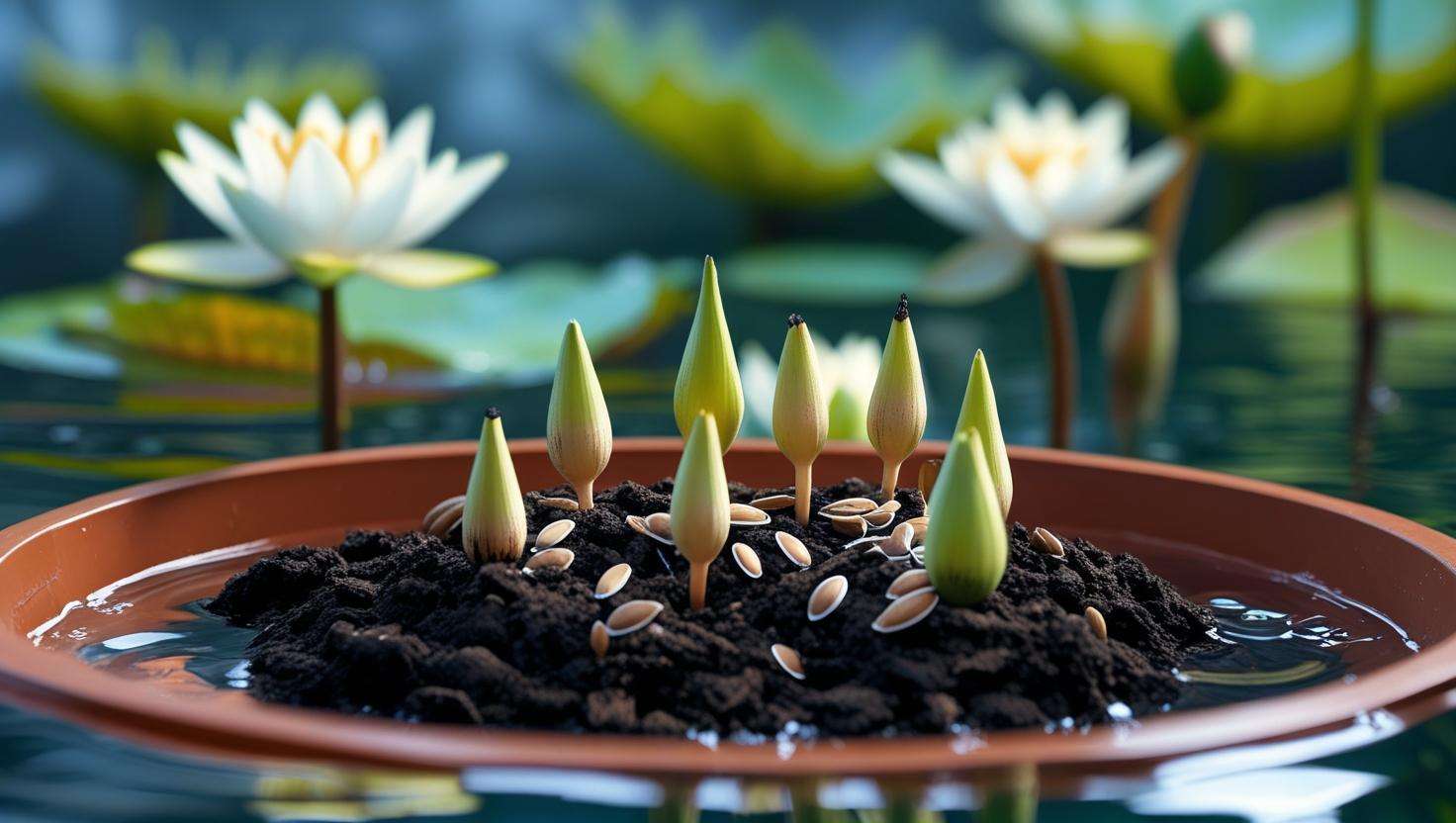 Water lily seeds planted in loamy soil submerged in water, ready for germination in a shallow container or pond