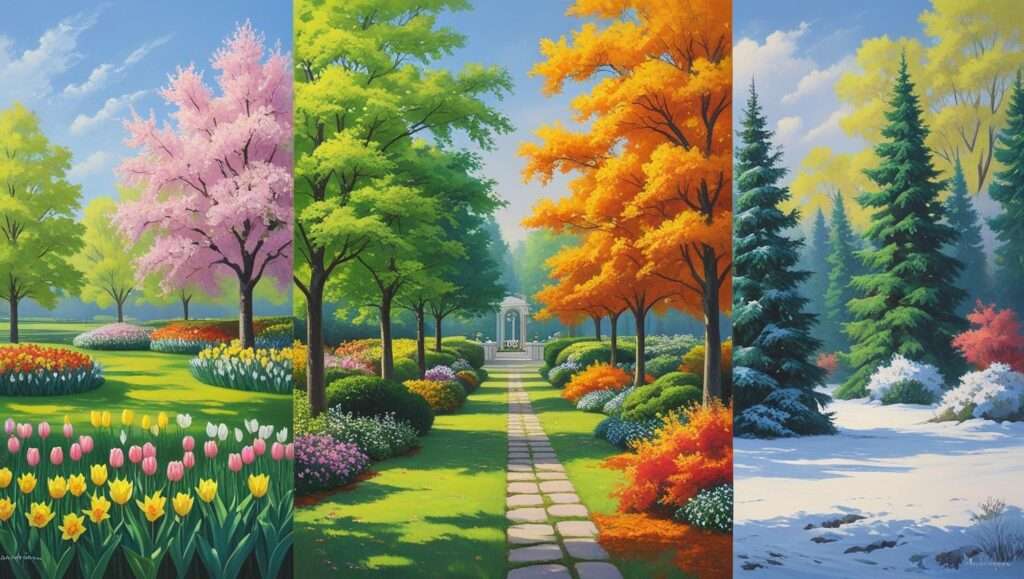 A landscape design showcasing the four seasons: vibrant spring blooms, lush summer greenery, colorful autumn trees, and snow-covered winter evergreens