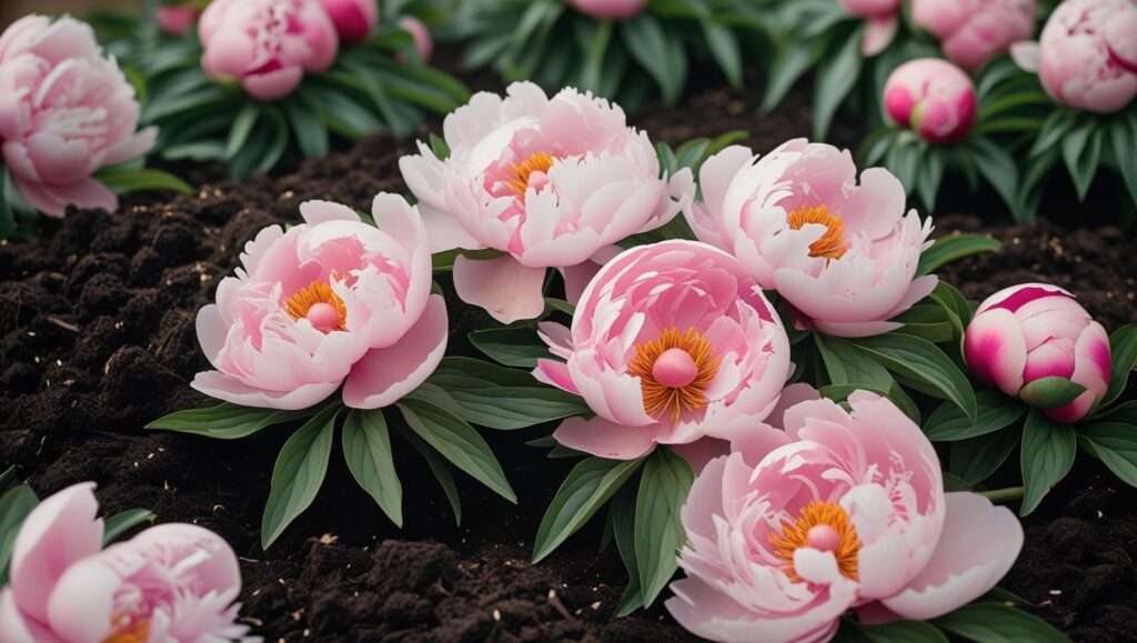 Vibrant peony plants blooming in rich, nutrient-dense soil with compost for peony applied around the base, showcasing healthy growth and vibrant flowers.