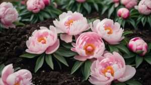 Vibrant peony plants blooming in rich, nutrient-dense soil with compost for peony applied around the base, showcasing healthy growth and vibrant flowers.
