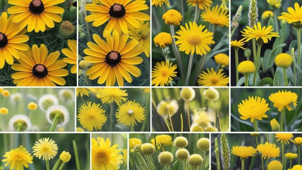 Collage of common yellow wildflowers such as Black-eyed Susans, Coreopsis, Dandelions, Goldenrod, and Buttercups with labels for easy identification