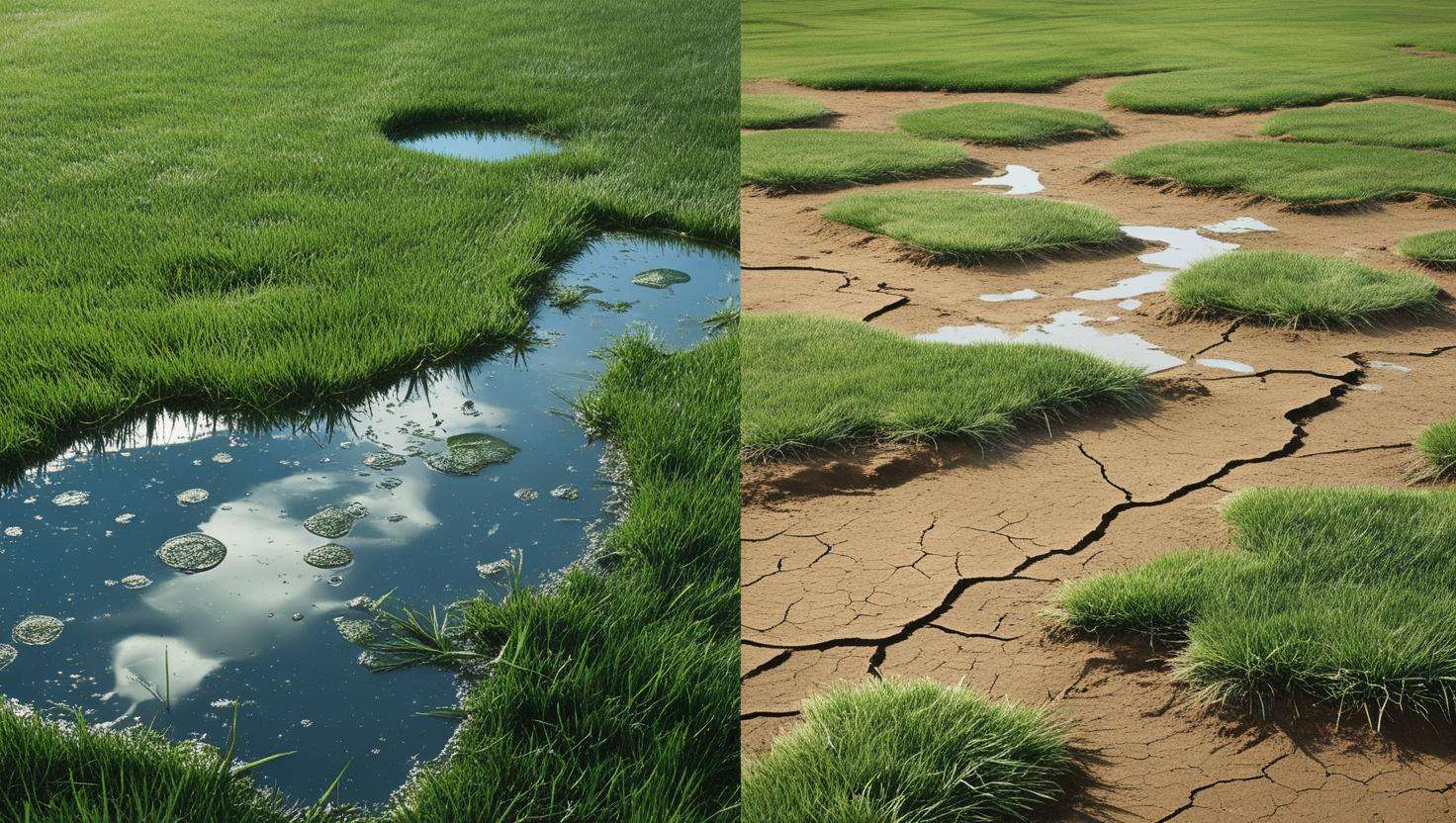Illustration showing two lawn watering mistakes: overwatering with soggy patches and underwatering with dry, brown spots