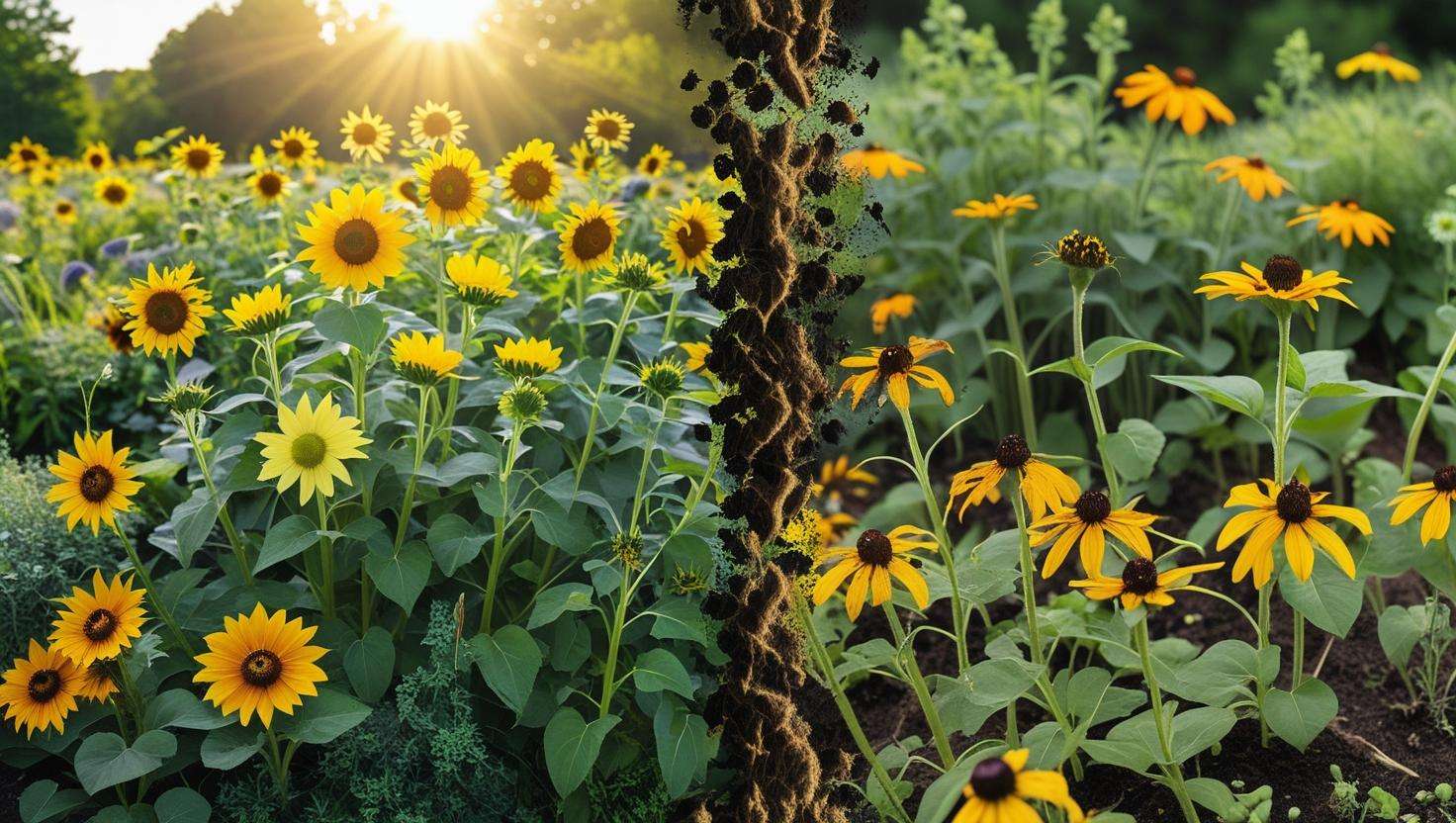 Split image of a healthy wildflower garden on one side and a garden with yellowing leaves and pests like aphids on the other, showing common gardening issues.