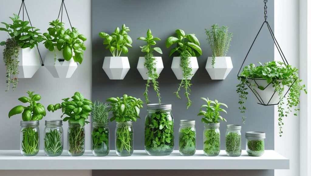 Stylish indoor herb garden design with herbs growing in mason jars, hanging planters, and a vertical garden setup in a modern apartment