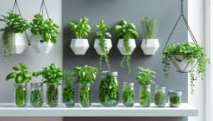 Stylish indoor herb garden design with herbs growing in mason jars, hanging planters, and a vertical garden setup in a modern apartment