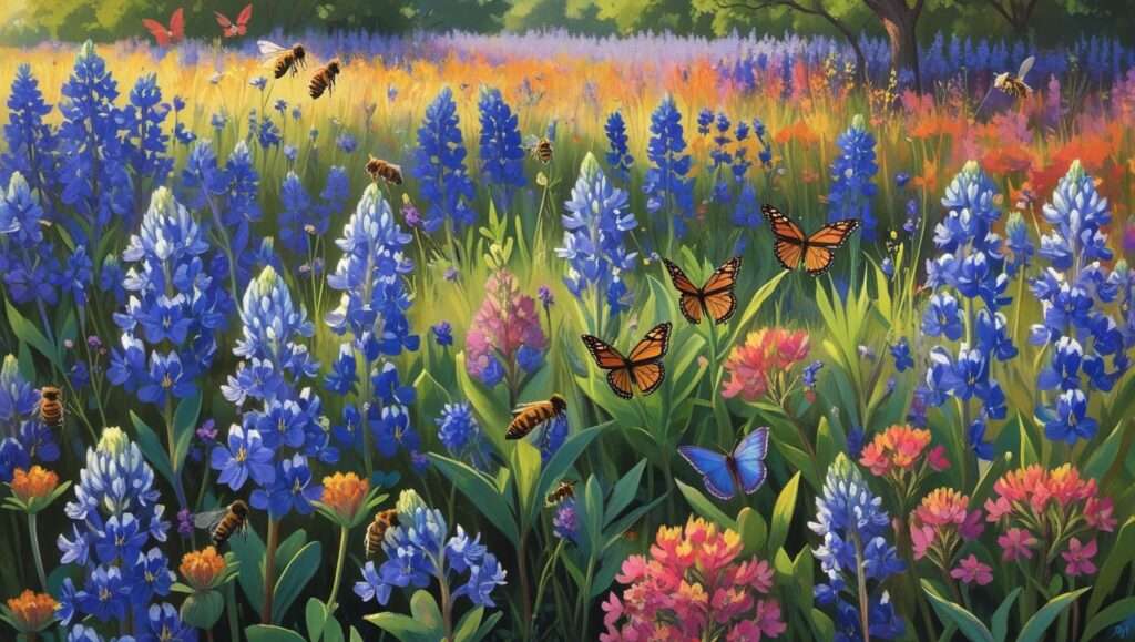 Texas wildflower garden teeming with pollinators like bees, butterflies, and hummingbirds, highlighting the ecological benefits of native wildflowers