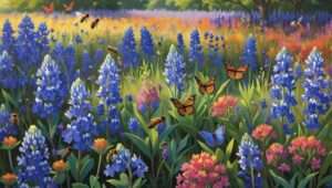 Texas wildflower garden teeming with pollinators like bees, butterflies, and hummingbirds, highlighting the ecological benefits of native wildflowers