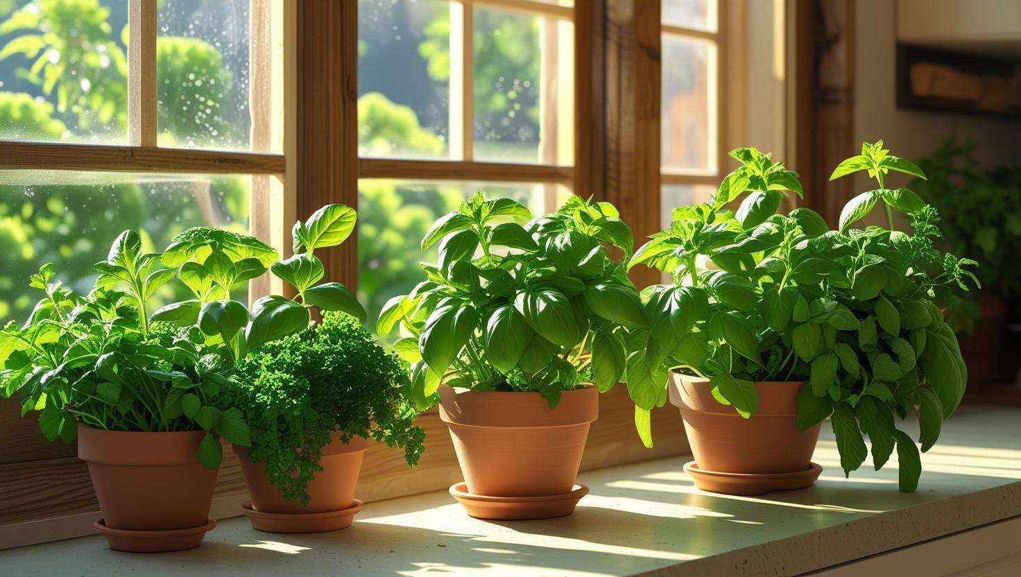 Cozy indoor herb garden on a windowsill with basil, mint, and parsley in stylish pots, bathed in soft natural light.