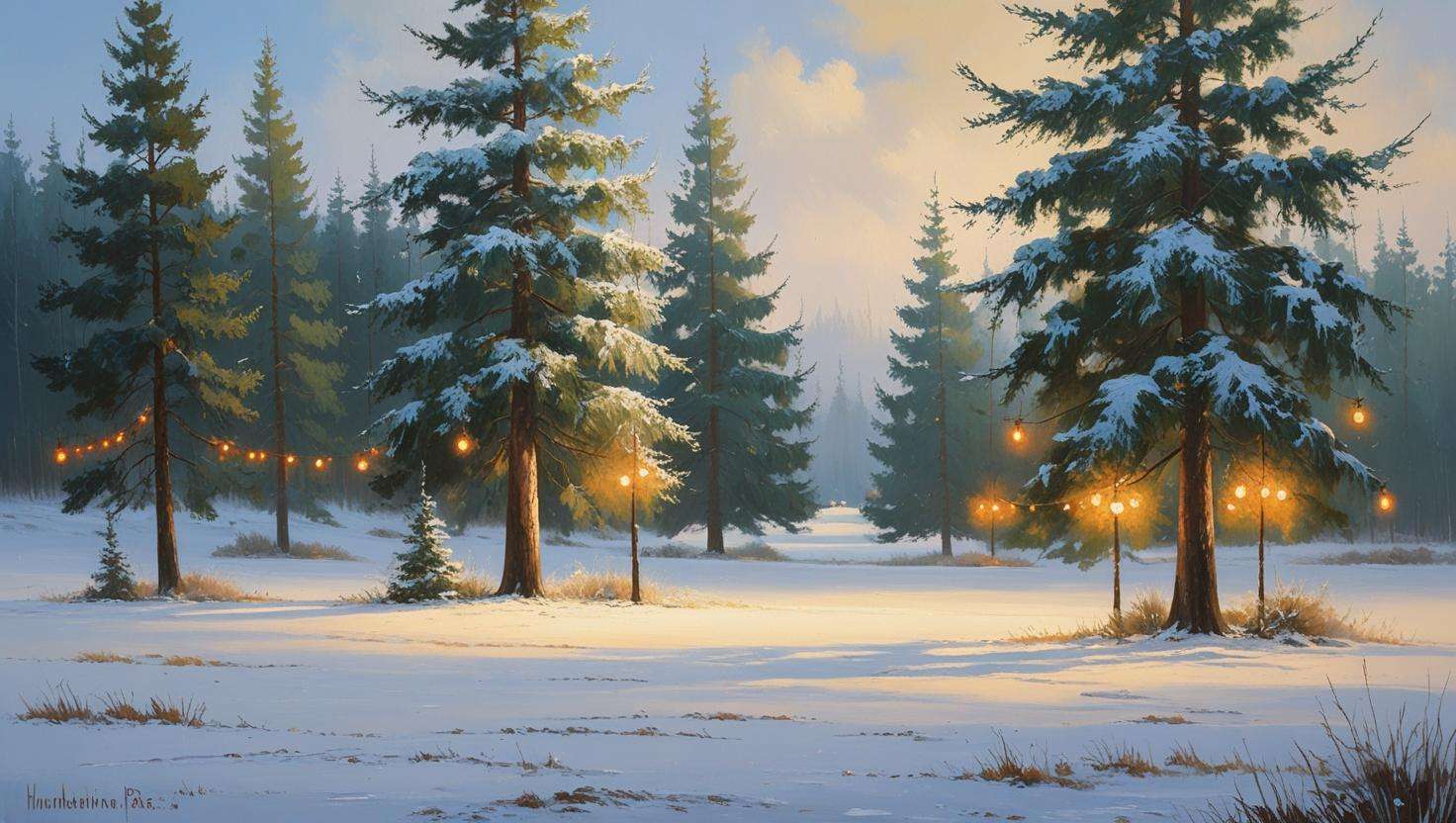 A serene winter landscape featuring evergreen trees, snow-covered ground, and soft lighting creating a cozy atmosphere