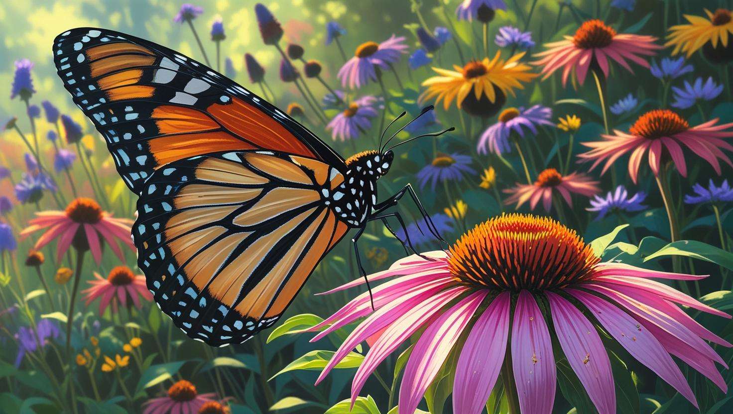 Butterfly feeding on Milkweed flower surrounded by vibrant perennial wildflowers in a wildlife-friendly garden.