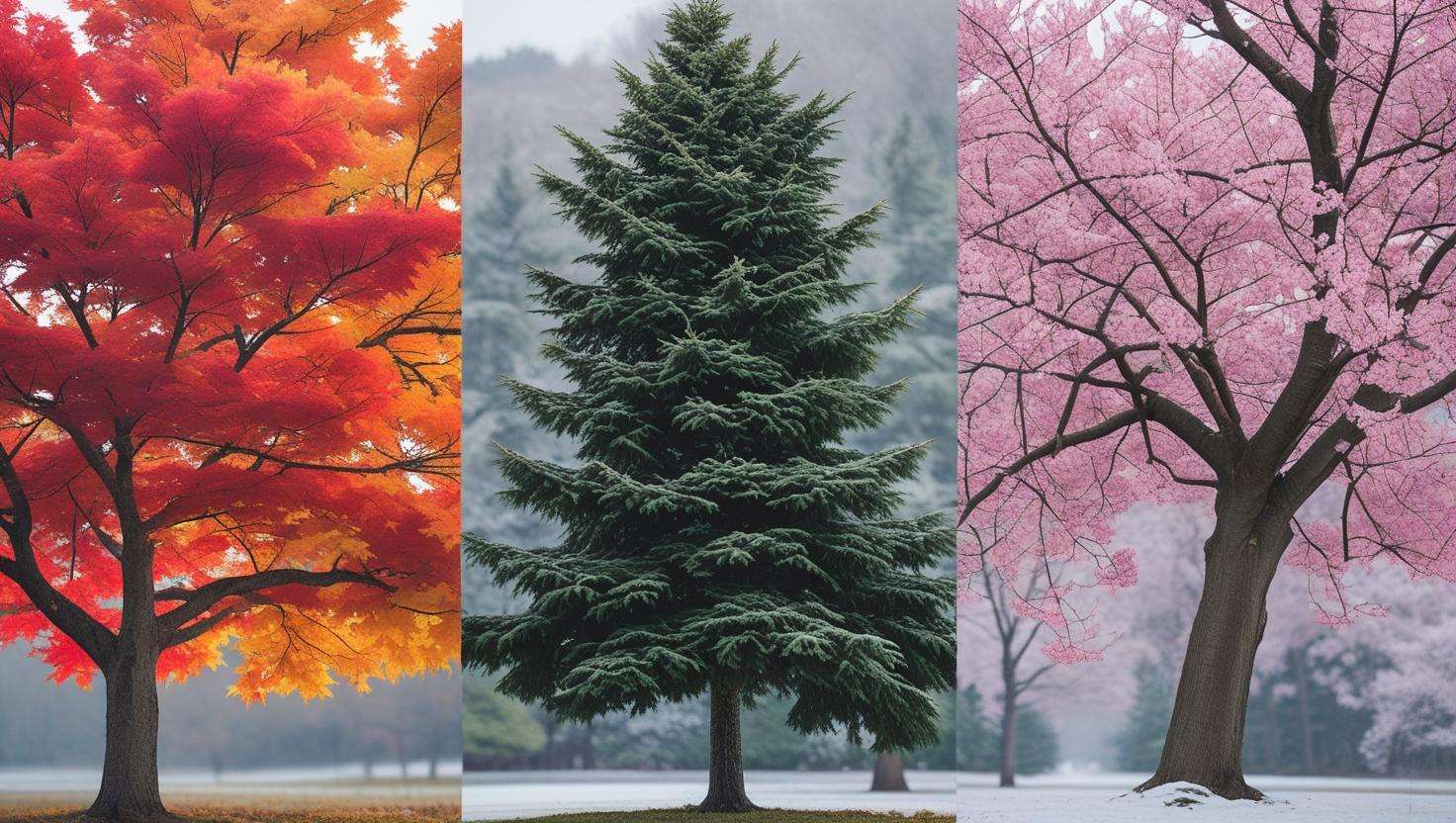 A close-up view of trees in different seasons: a maple tree with fall foliage, an evergreen tree in winter, and a flowering tree in spring