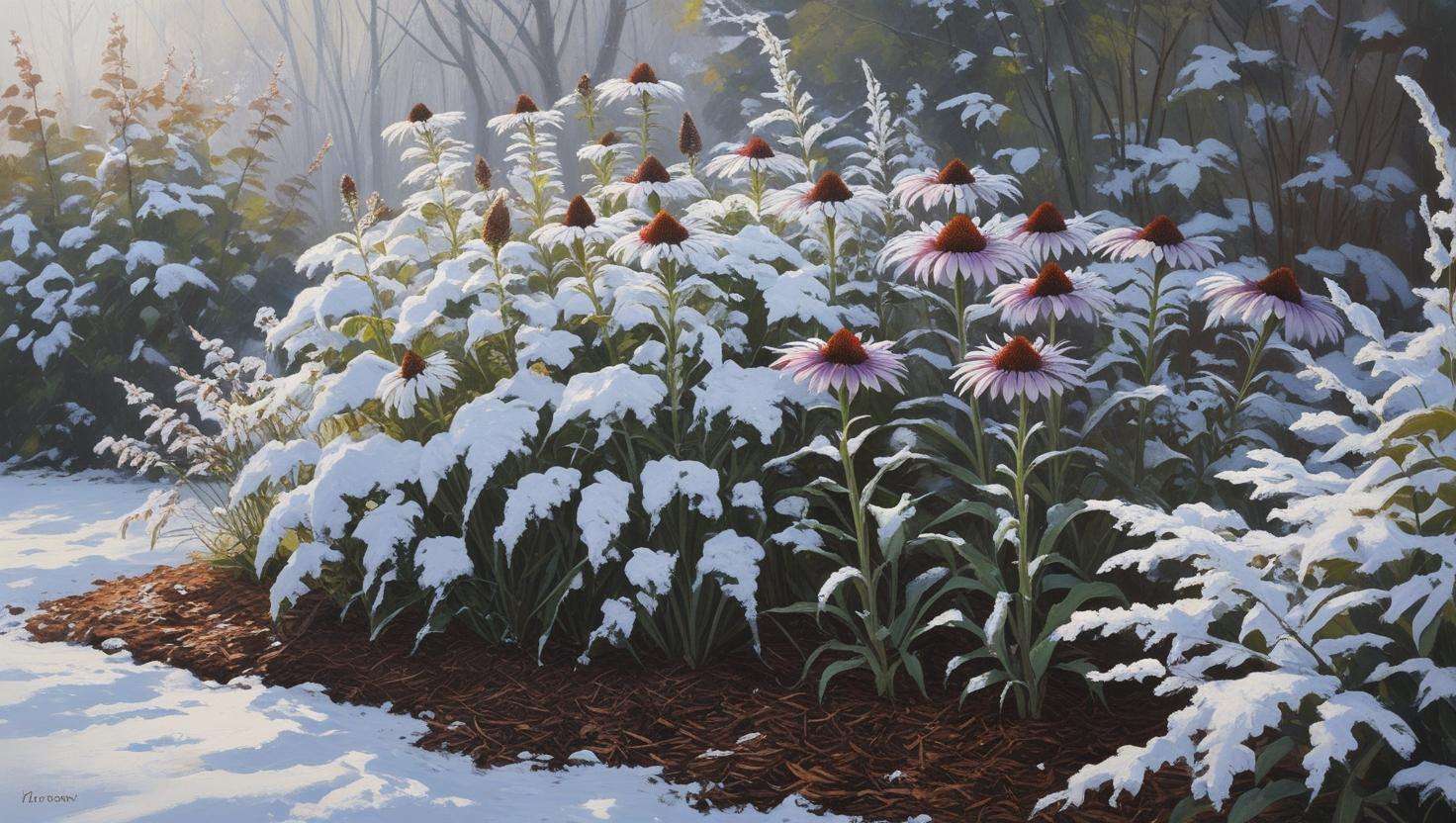 Winter garden with perennial wildflowers like Black-eyed Susan and Coneflower covered lightly with snow, seed heads intact, and mulch protecting the base