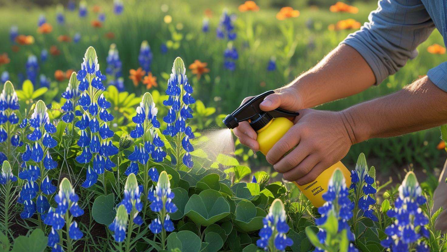 Gardener inspecting Texas wildflowers for pests or diseases, using organic pest control to maintain a healthy wildflower garden.