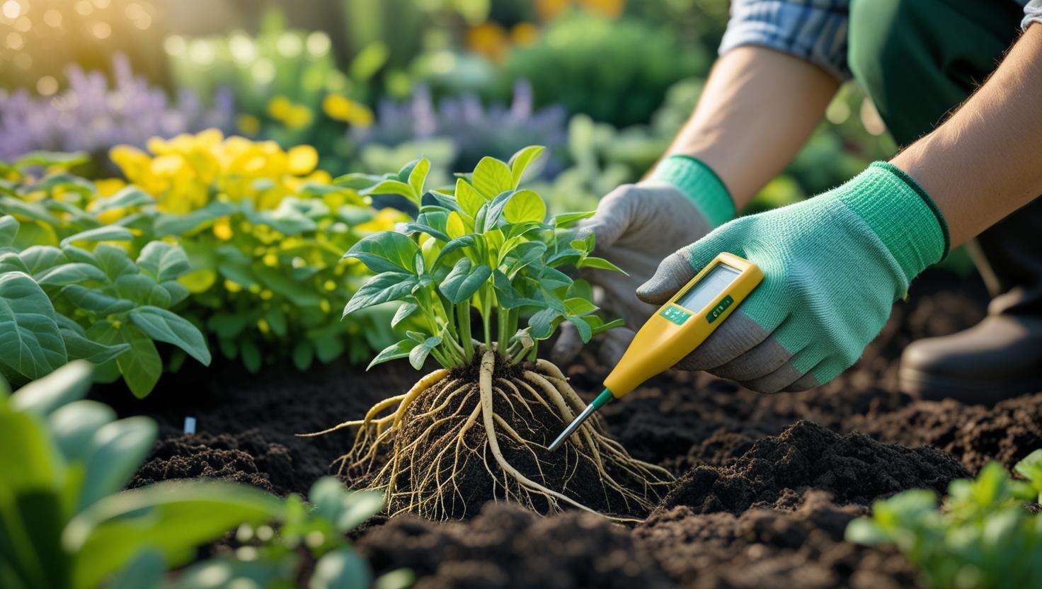 Gardener inspecting plant roots for health and using a moisture meter to check soil moisture in a thriving garden