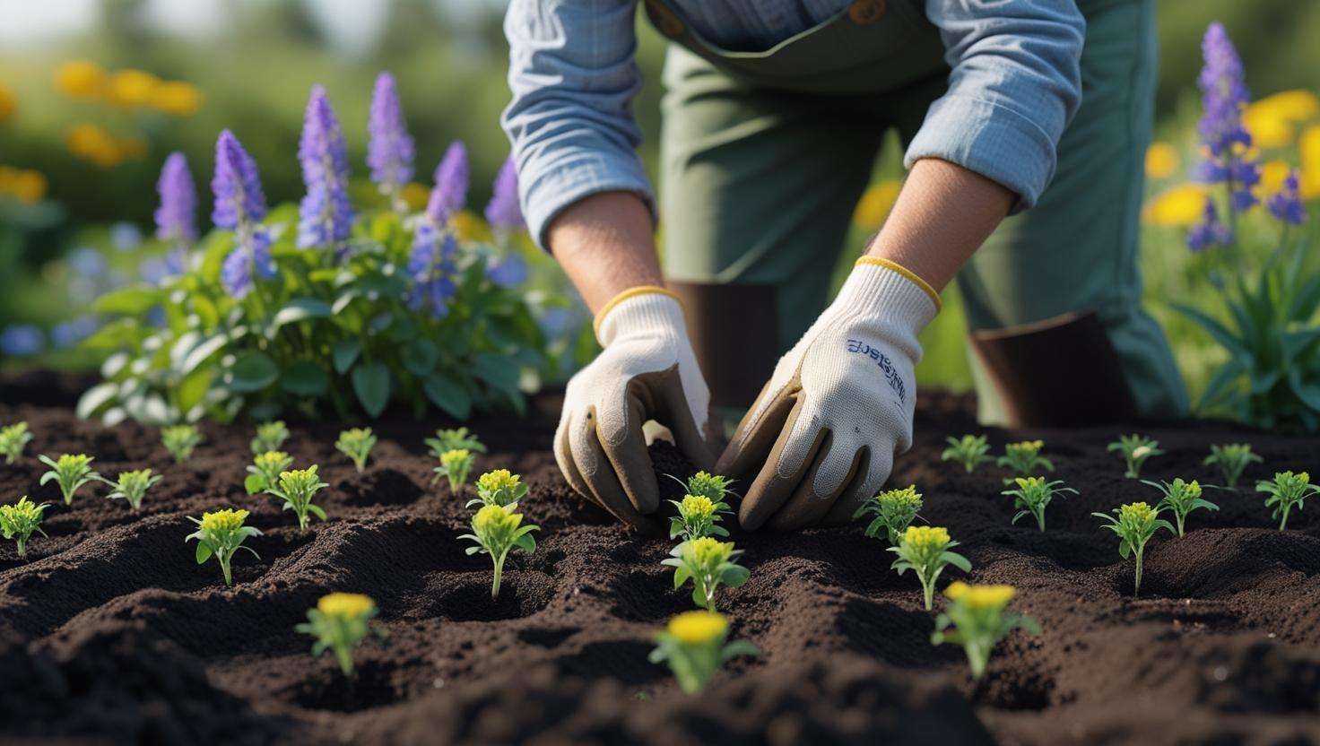 Gardener planting perennial wildflowers in a prepared garden bed, placing young plants into small holes in rich, healthy soil.