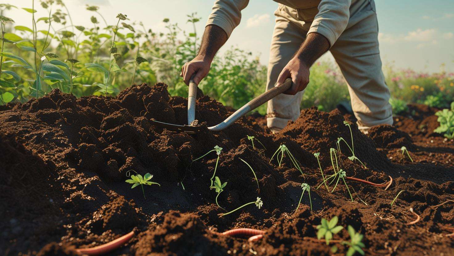 Gardener preparing soil for perennial wildflowers with a garden fork, removing weeds, and loosening the soil in a sunny garden.