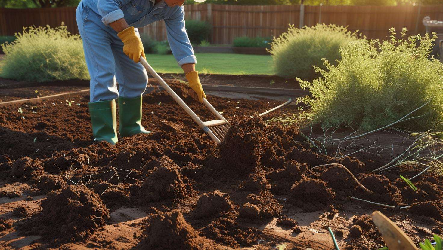 Gardener preparing the soil in a Texas backyard for planting wildflowers, clearing weeds and debris with a rake in a sunny garden setting