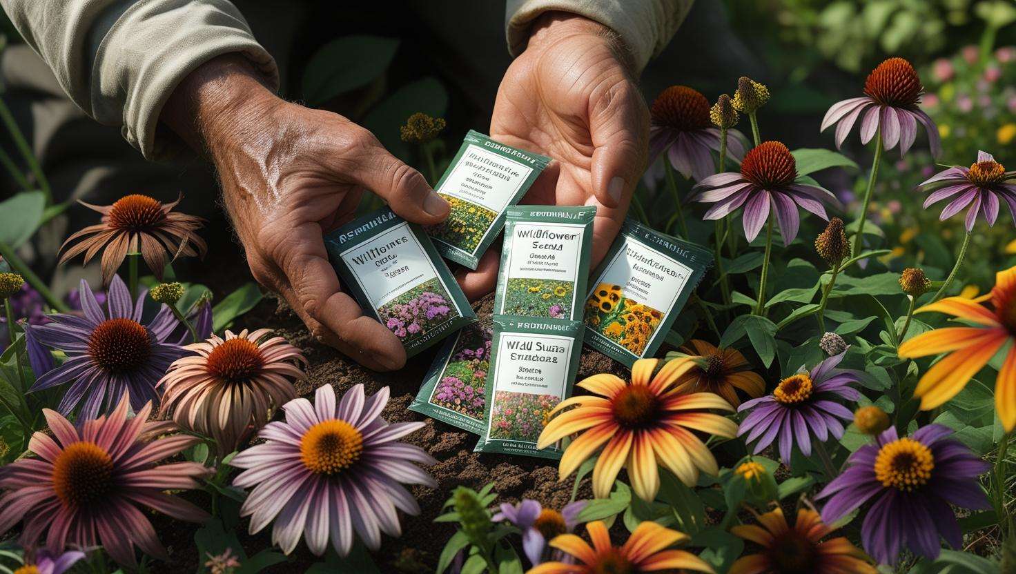 Gardener’s hand holding packets of perennial wildflower seeds with a background of blooming wildflowers like Coneflowers and Coreopsis.