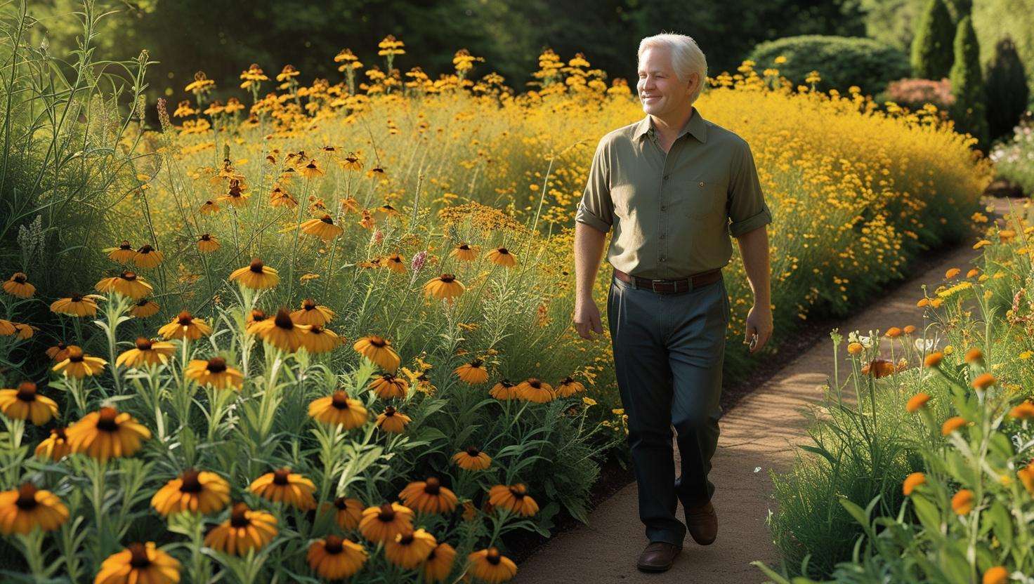 Vibrant garden with yellow wildflowers like Black-eyed Susans and Coreopsis in full bloom, with a person walking through the meadow, enjoying the natural beauty.
