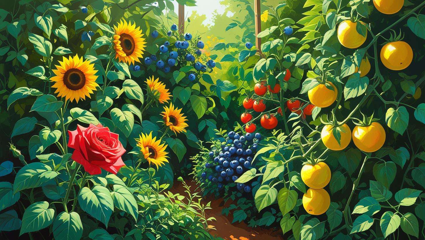 Vibrant garden with thriving plants, blooming flowers, and fruits, representing the success of a well-maintained garden