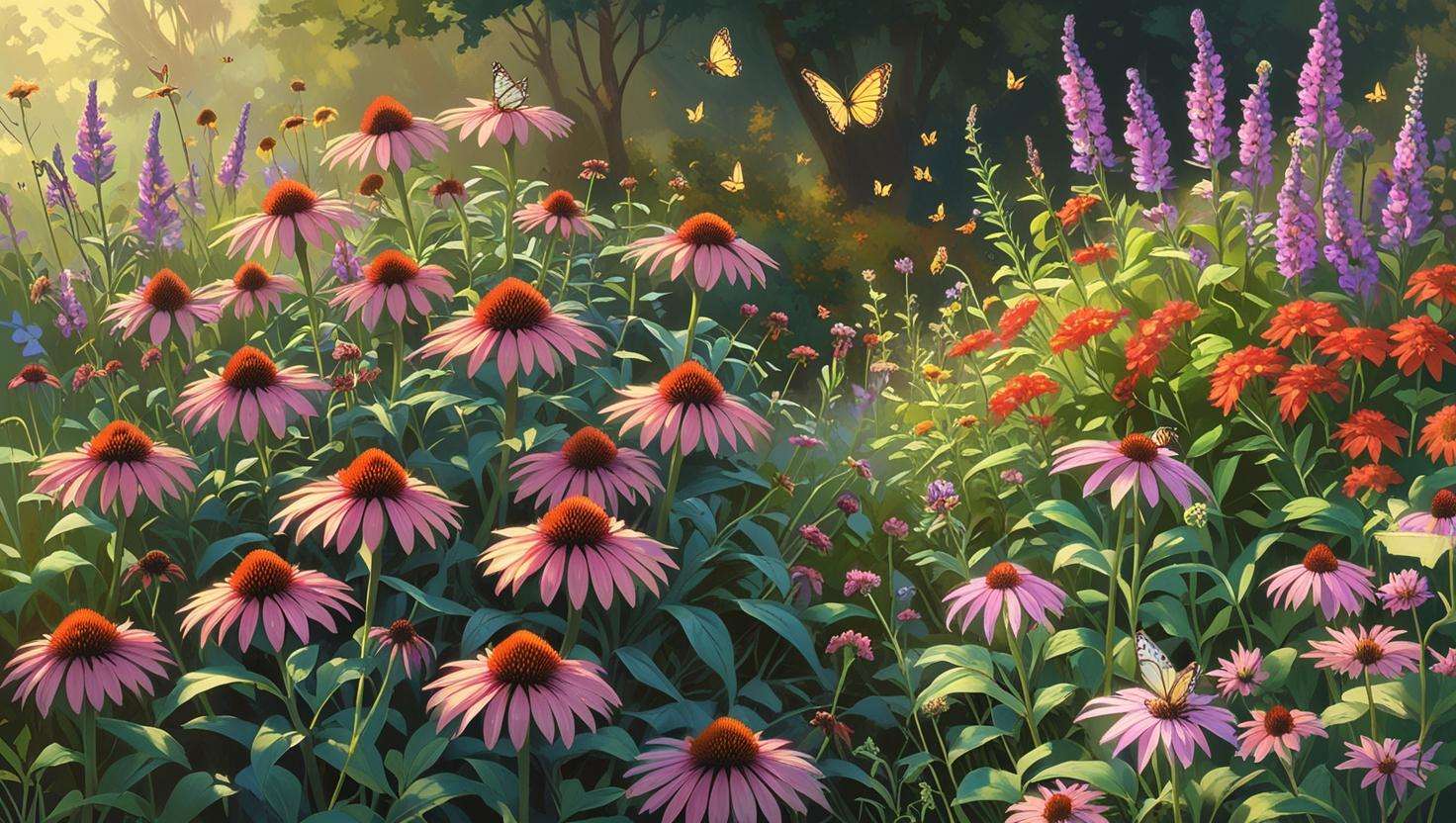 Wide shot of a thriving, low-maintenance garden filled with vibrant perennial wildflowers like Echinacea and Bee Balm, with pollinators buzzing around