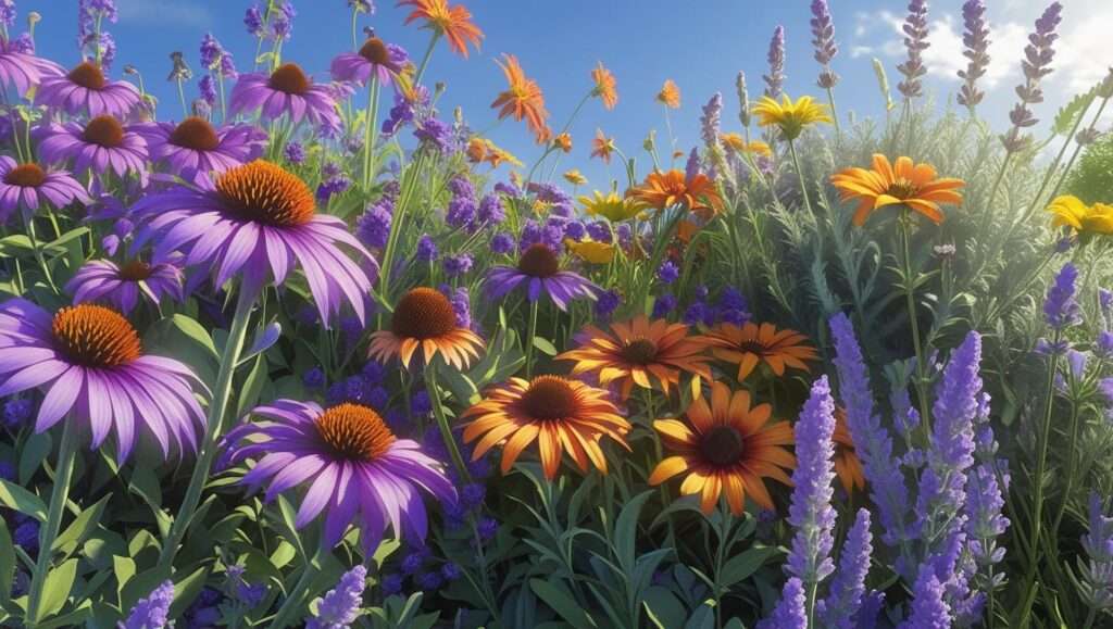 Colorful garden of perennial wildflowers like Purple Coneflower, Black-eyed Susan, and Lavender in full bloom under a sunny sky.