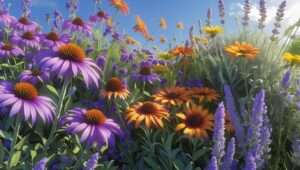 Colorful garden of perennial wildflowers like Purple Coneflower, Black-eyed Susan, and Lavender in full bloom under a sunny sky.